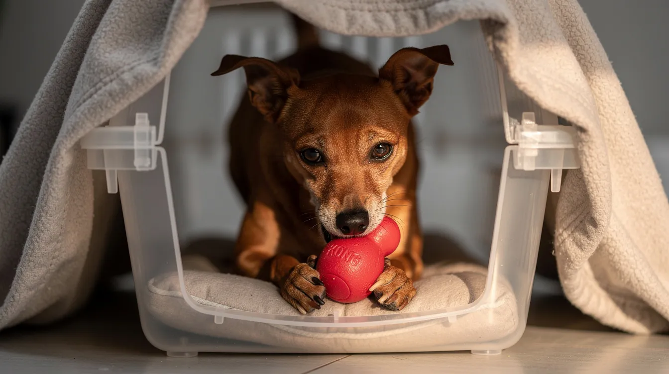off-leash-dog-training-Atlanta Dog separation anxiety crate with calming chew toy