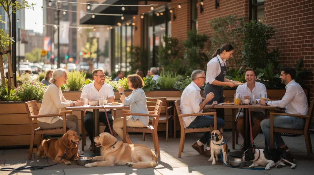 Lush greenery and a lively atmosphere create a welcoming space for friends and their pooches to relax and dine together.