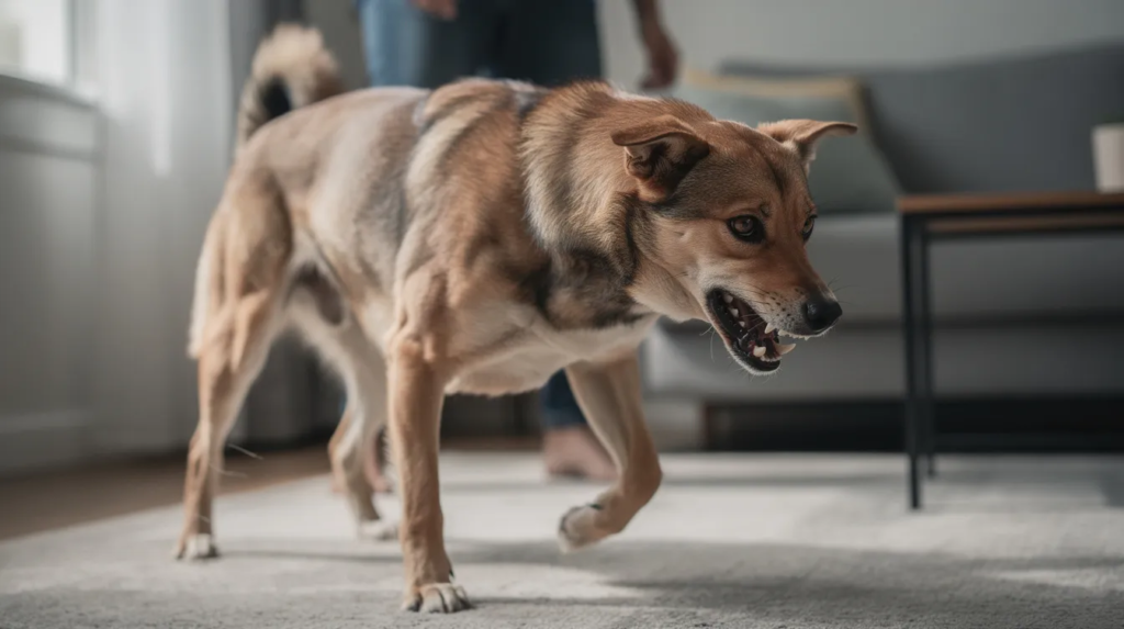 The image depicts a fearful dog exhibiting aggressive behavior, with its body language showing signs of anxiety, such as a tucked tail and bared teeth. This visual representation highlights the concept of fear aggression in dogs, illustrating how a dog's emotional state can lead to perceived threats and aggressive responses.