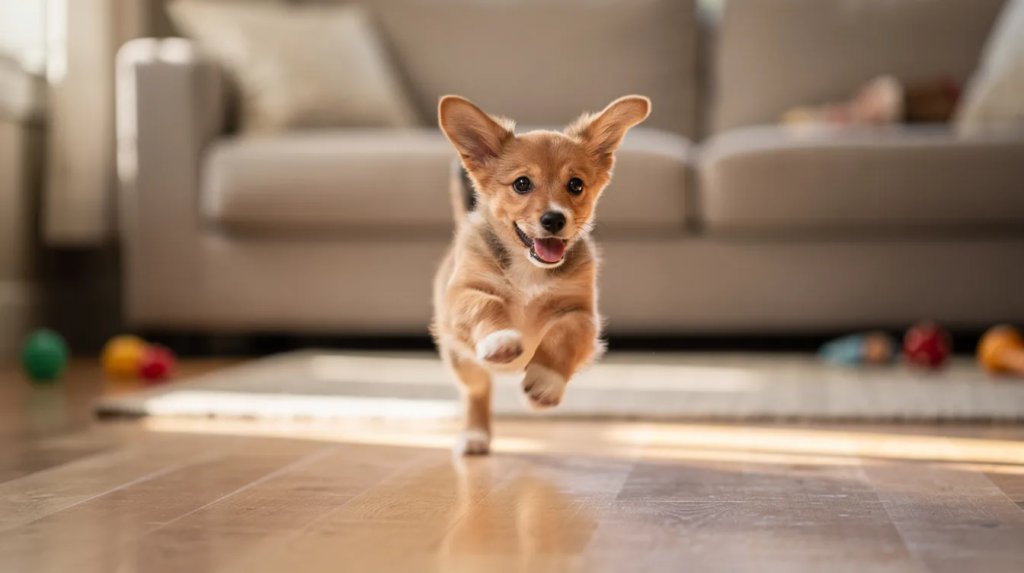 The image depicts a young dog joyfully experiencing puppy zoomies in a spacious, fenced yard, showcasing its playful energy as it runs in circles with an excited posture. This common behavior highlights the dog's need for mental stimulation and physical exercise, making it a delightful sight for dog owners.