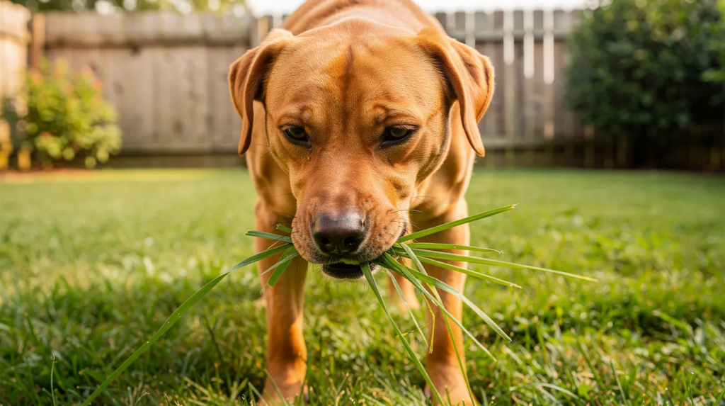 The image depicts a dog nibbling on grass in a sunny outdoor setting, showcasing a common behavior where many dogs eat grass occasionally. This scene highlights the dog's natural instinct and curiosity, often associated with digestive health and self-medication for mild stomach discomfort.