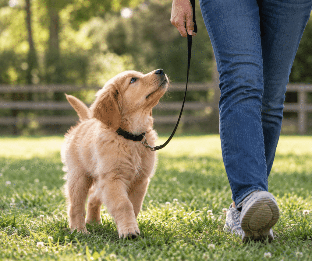 Owner teaching early obedience skills to a puppy