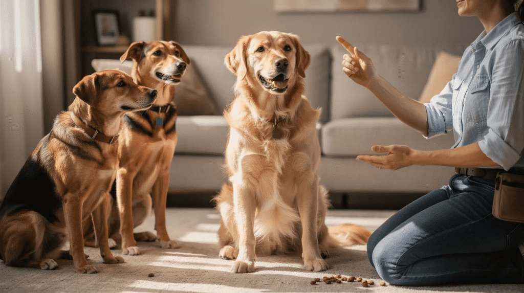 Two dogs waiting calmly during a home training session
