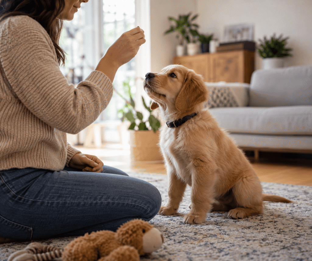 Young puppy beginning basic obedience training