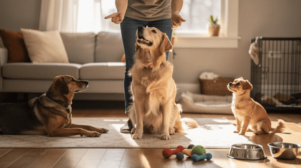 Trainer teaching place commands to multiple dogs